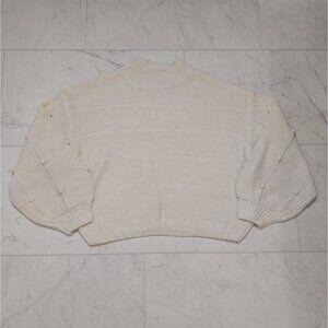 Lush Cream Pom Pom Sleeve Crewneck Knit Sweater Sz L